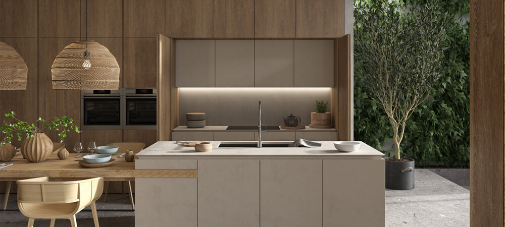 Natural wood kitchen island with modern shelving and warm-toned cabinetry