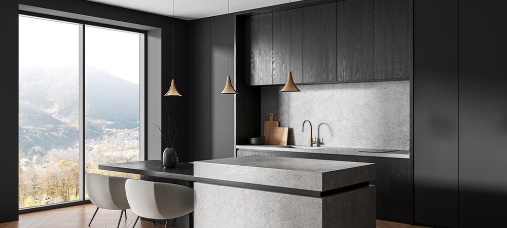 Charcoal finish cabinets with matte black fixtures and marble-look countertops